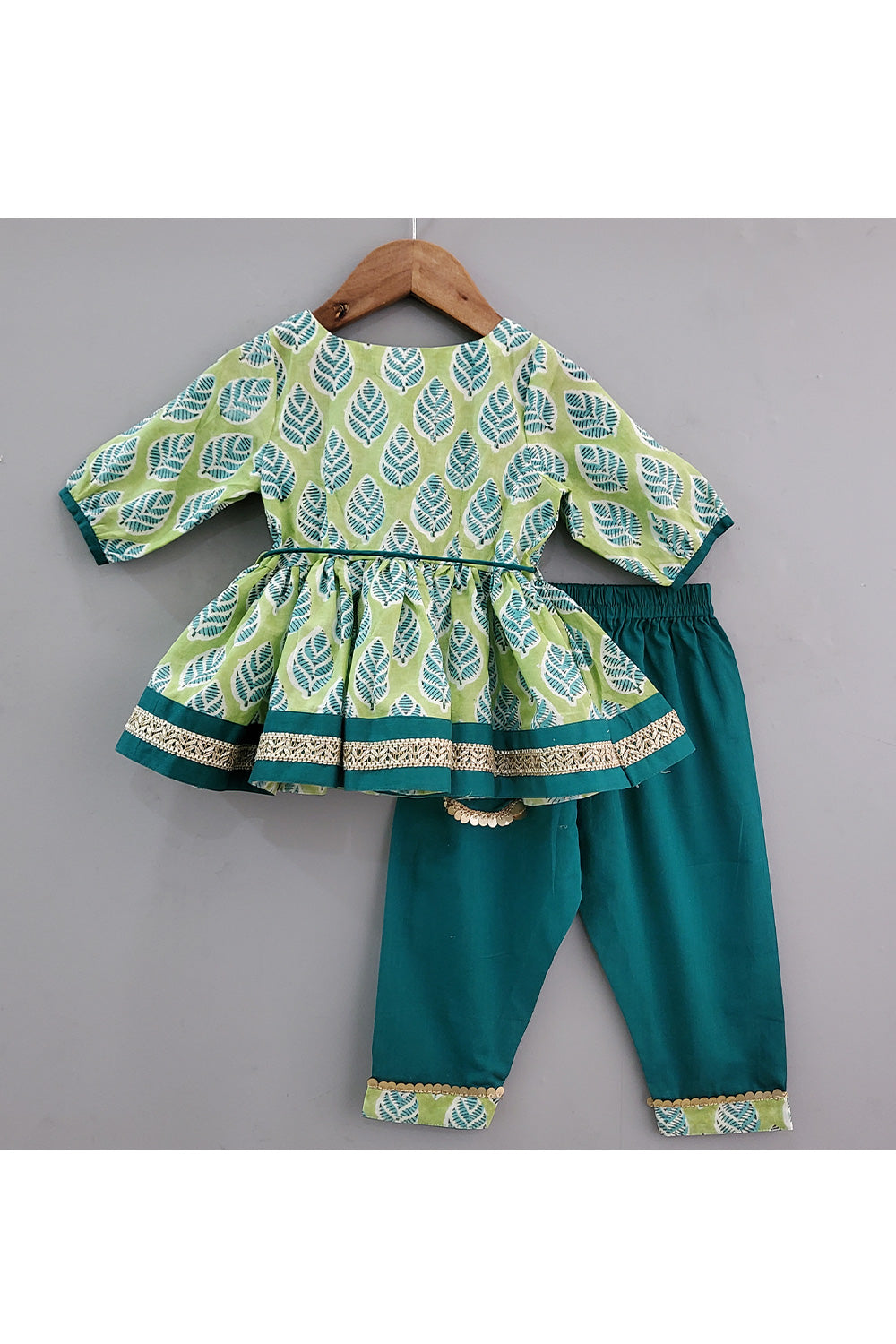 Parrot Green Printed Angrakha Style Kurta With Pant Set