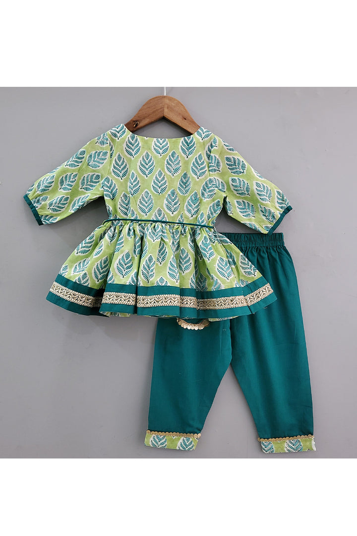 Parrot Green Printed Angrakha Style Kurta With Pant Set