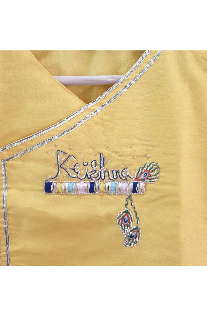 Krishna embroidered kurta and printed dhoti with mukut
