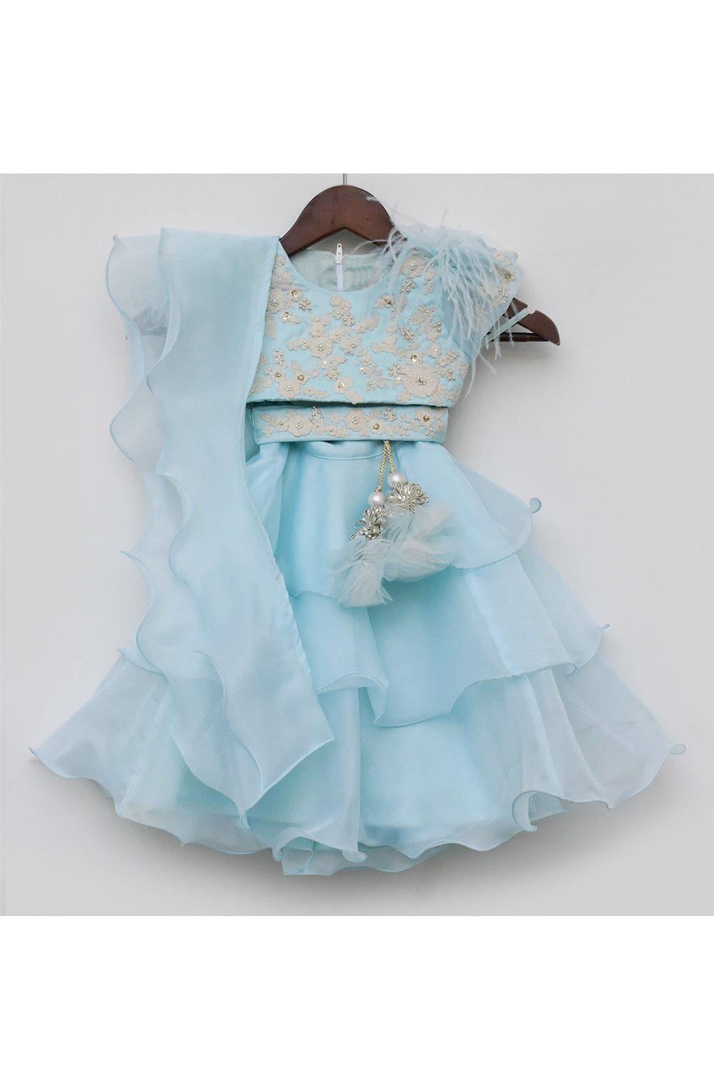 Blue Thread Embroidery Choli With Layered Lehenga Set