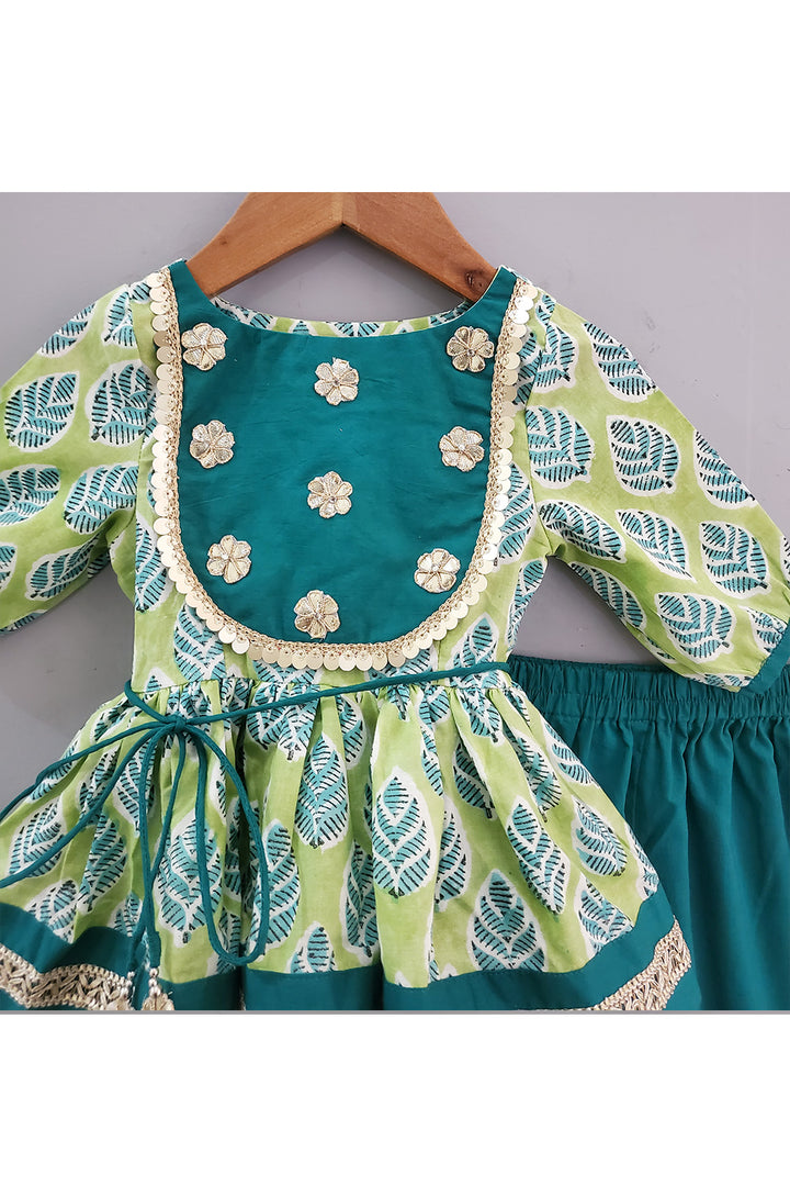 Parrot Green Printed Angrakha Style Kurta With Pant Set
