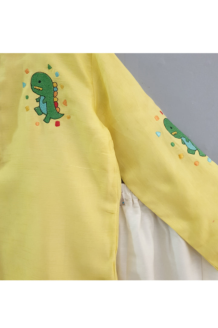 Yellow dinosaur embroidered kurta with pyjama
