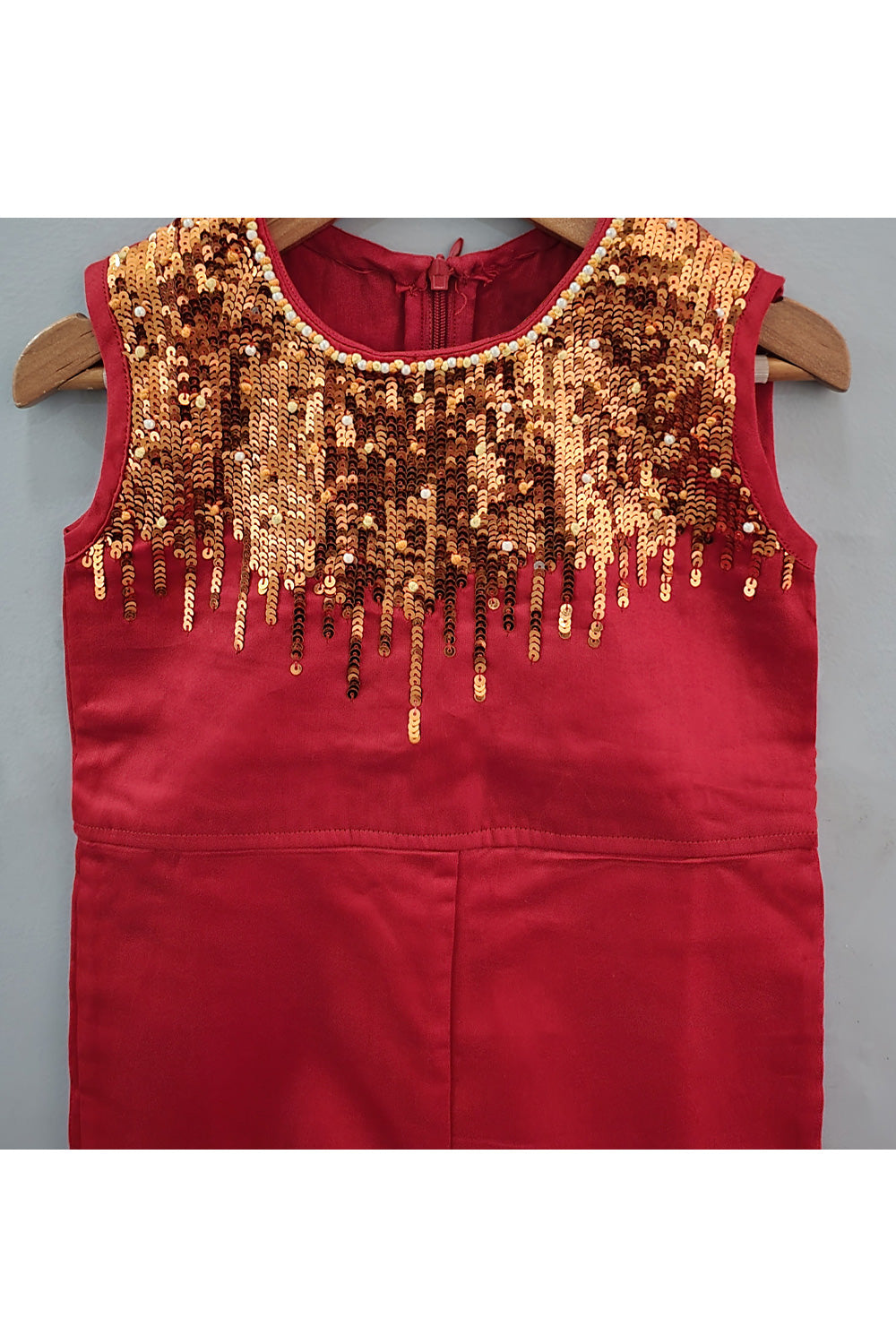 Red Sequins Embroidered Sleeveless Jumpsuit