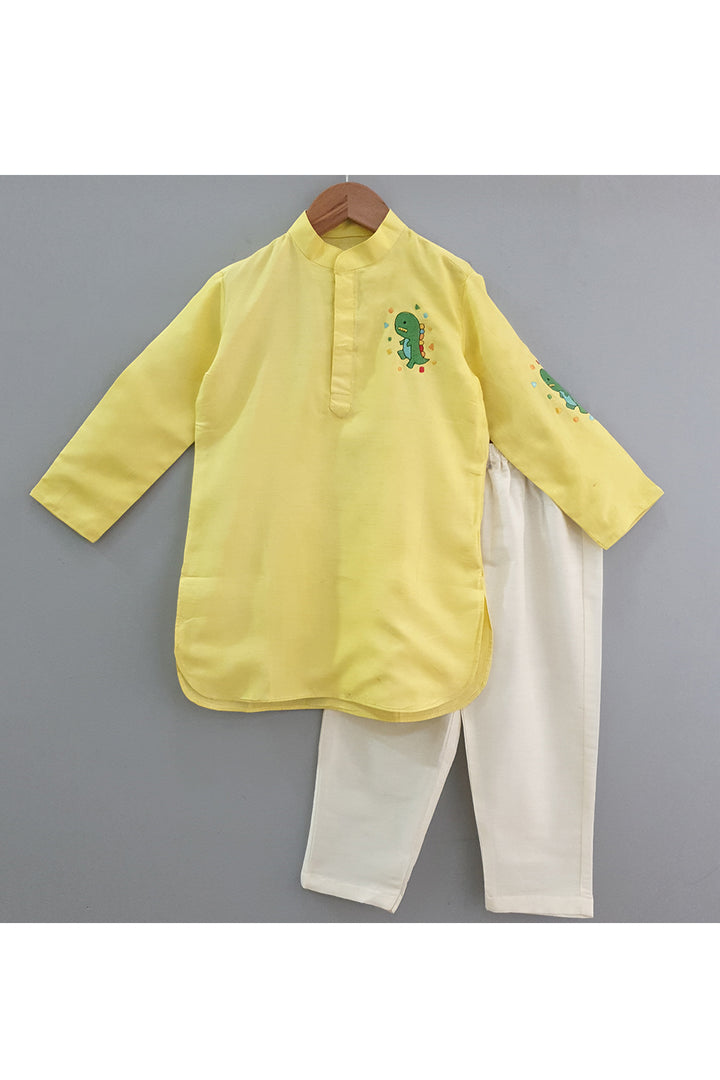 Yellow dinosaur embroidered kurta with pyjama