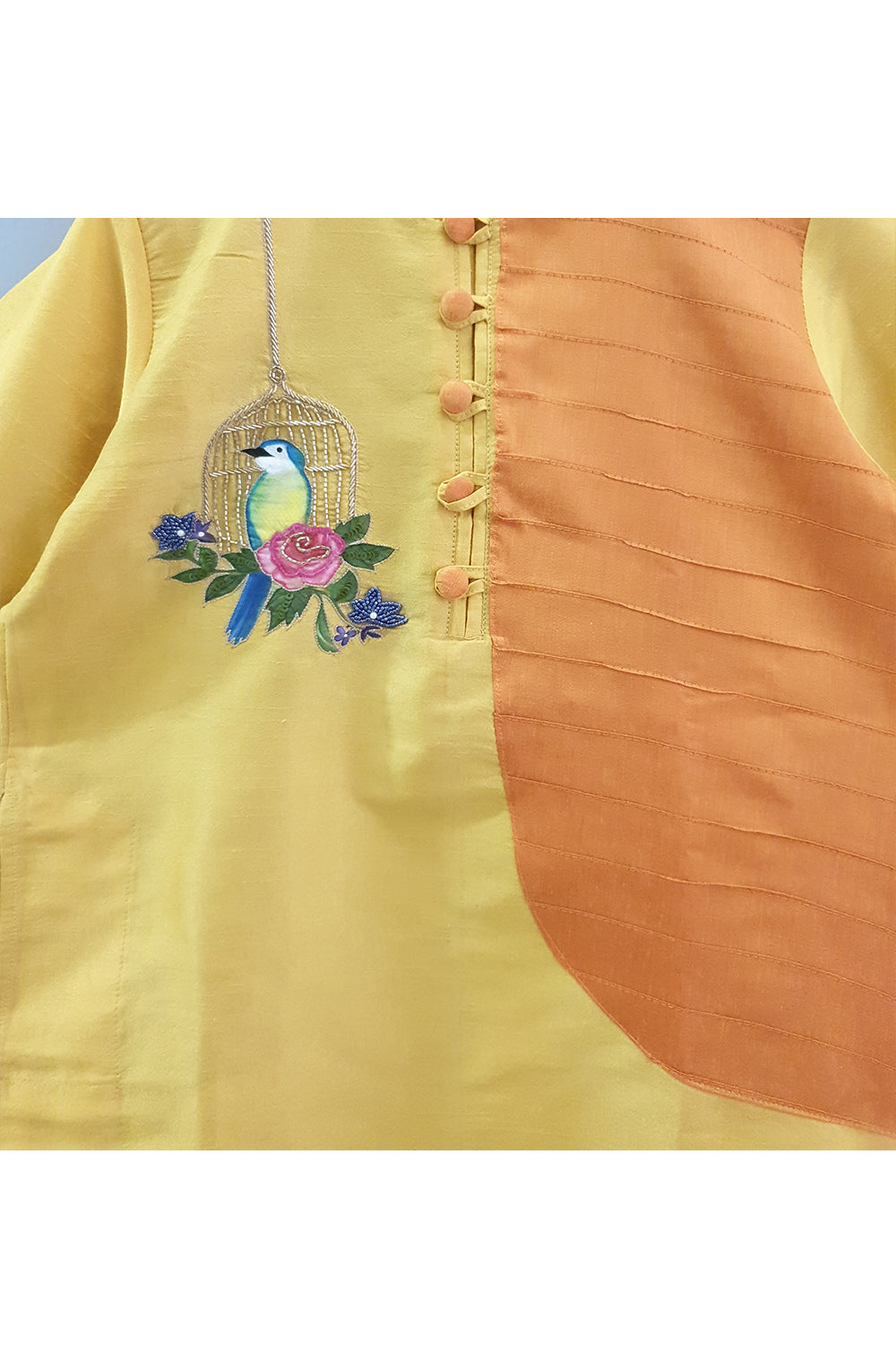 Yellow hand embroidered and painted birdcage kurta and pyjama