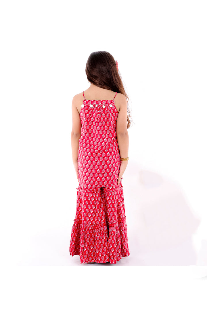 Red block printed kurta sharara set