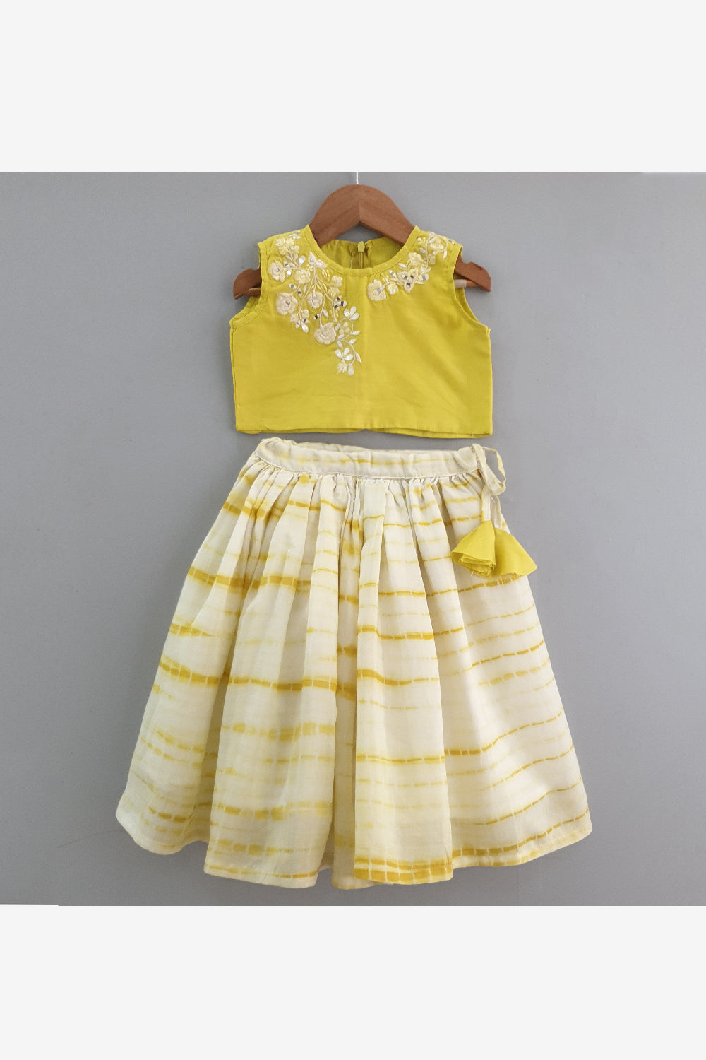 Yellow abla work top and shibori print ghaghra
