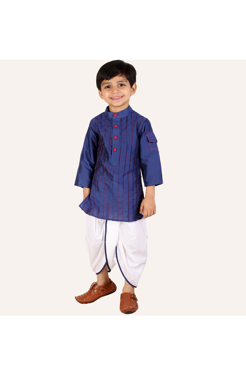 Blue Thread Work Cotton Silk Kurta With White Dhoti Set