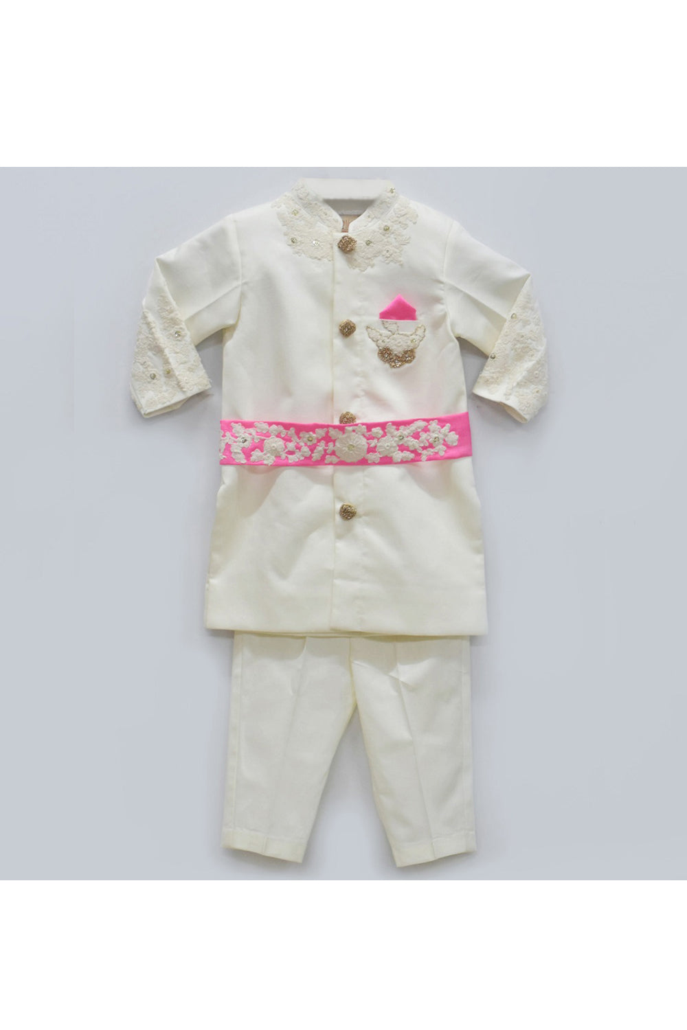 Off White Ajkan And Pant With Pink Embroidered Belt