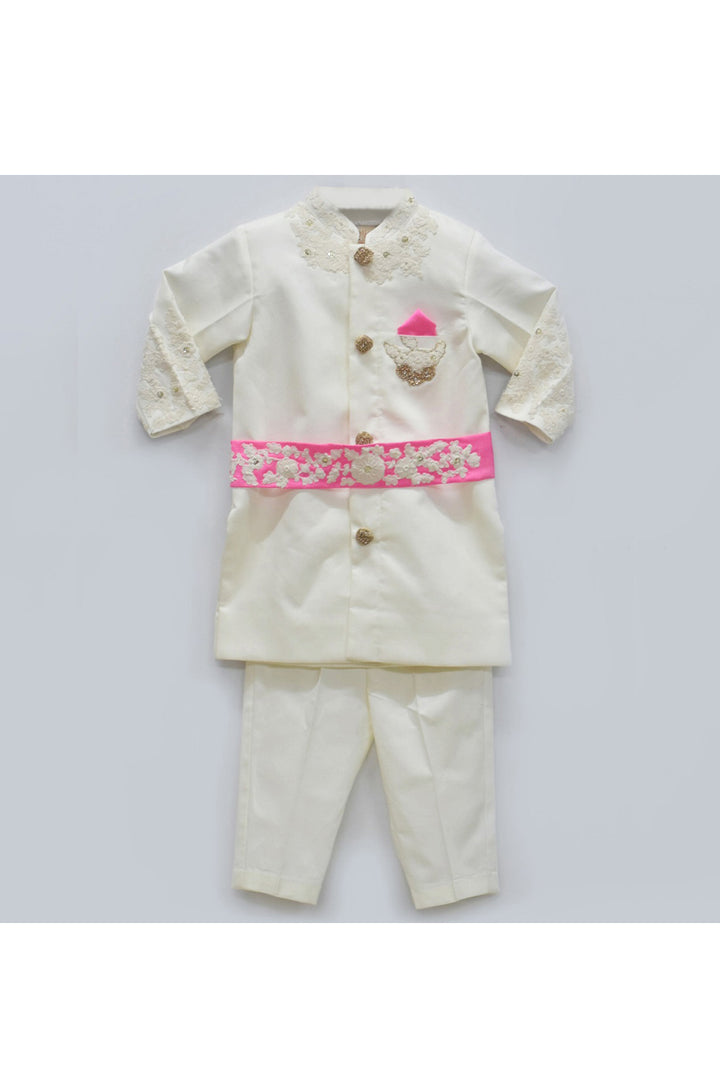 Off White Ajkan And Pant With Pink Embroidered Belt