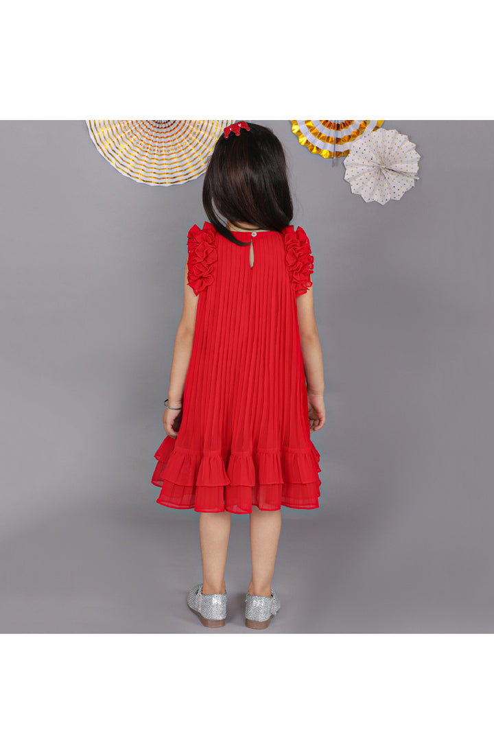 Red Floral Detailing Pleated Sleeveless Dress