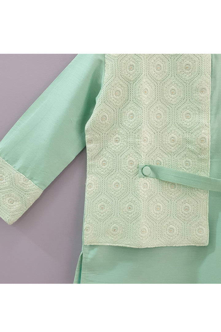 Green asymmetrical kurta with mock jacket and pants