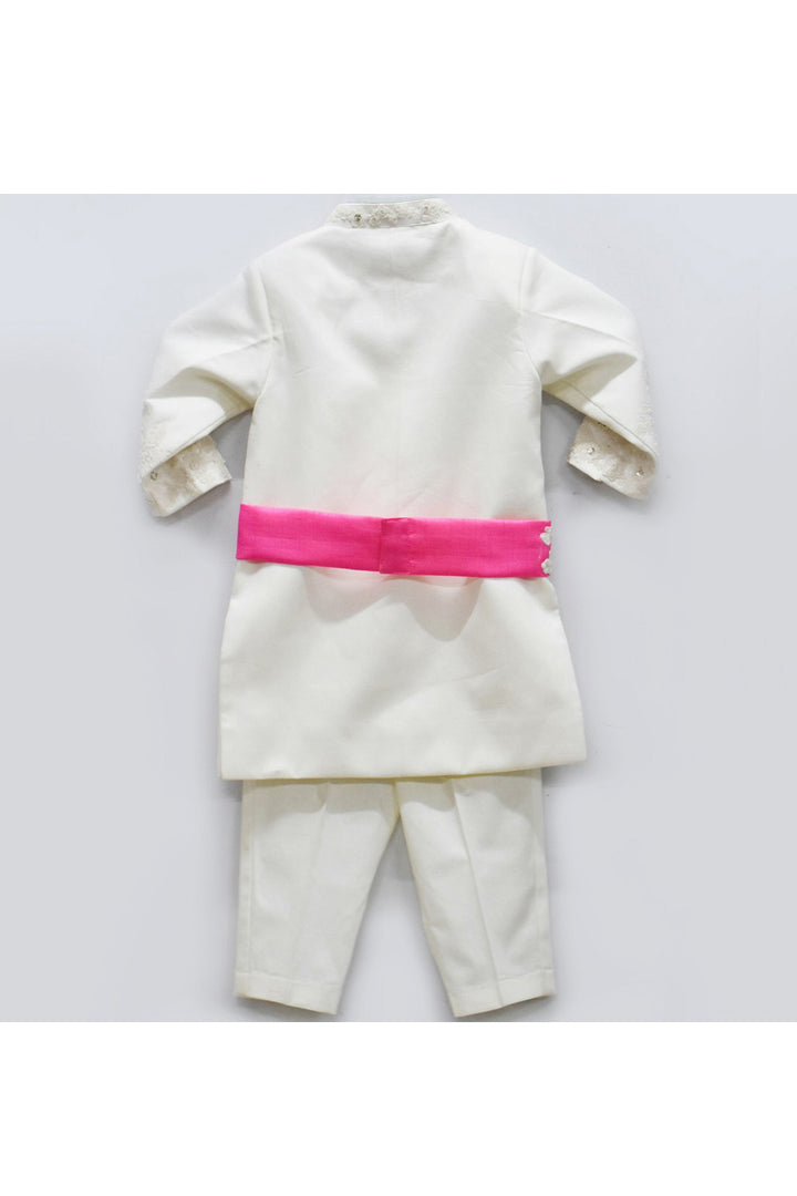 Off White Ajkan And Pant With Pink Embroidered Belt