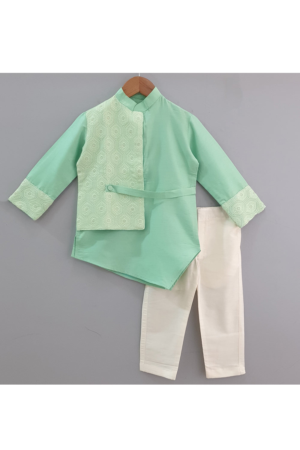 Green asymmetrical kurta with mock jacket and pants