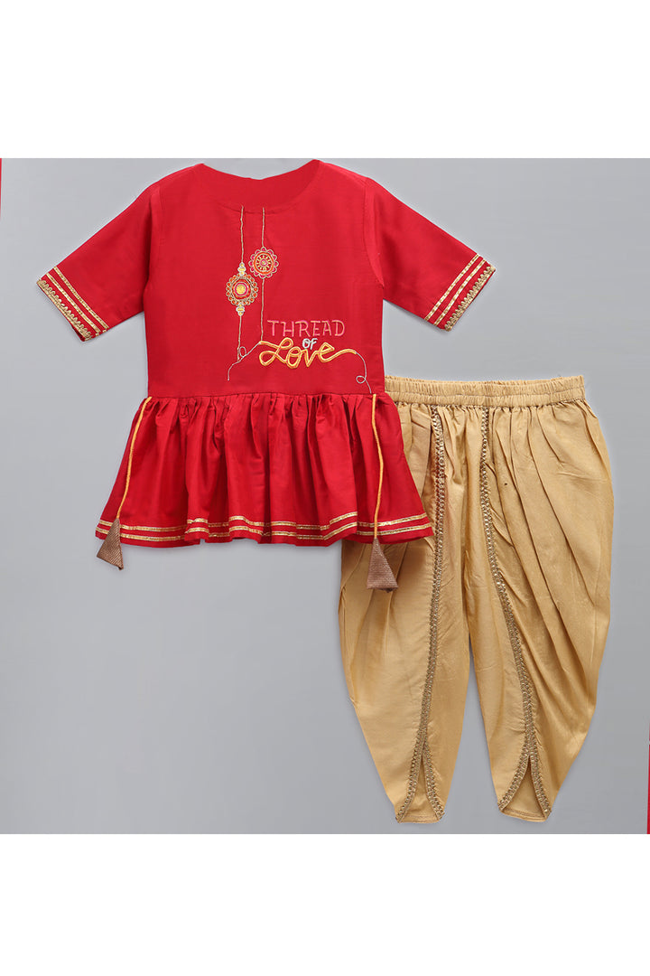 Red Embroidered Peplum Style Kurta With Beige Dhoti Set