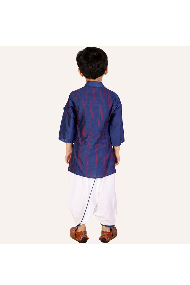 Blue Thread Work Cotton Silk Kurta With White Dhoti Set
