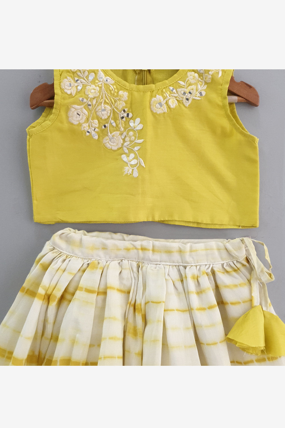 Yellow abla work top and shibori print ghaghra