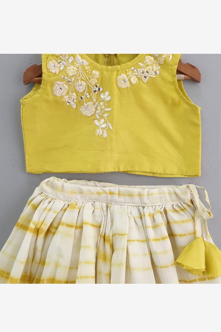 Yellow abla work top and shibori print ghaghra