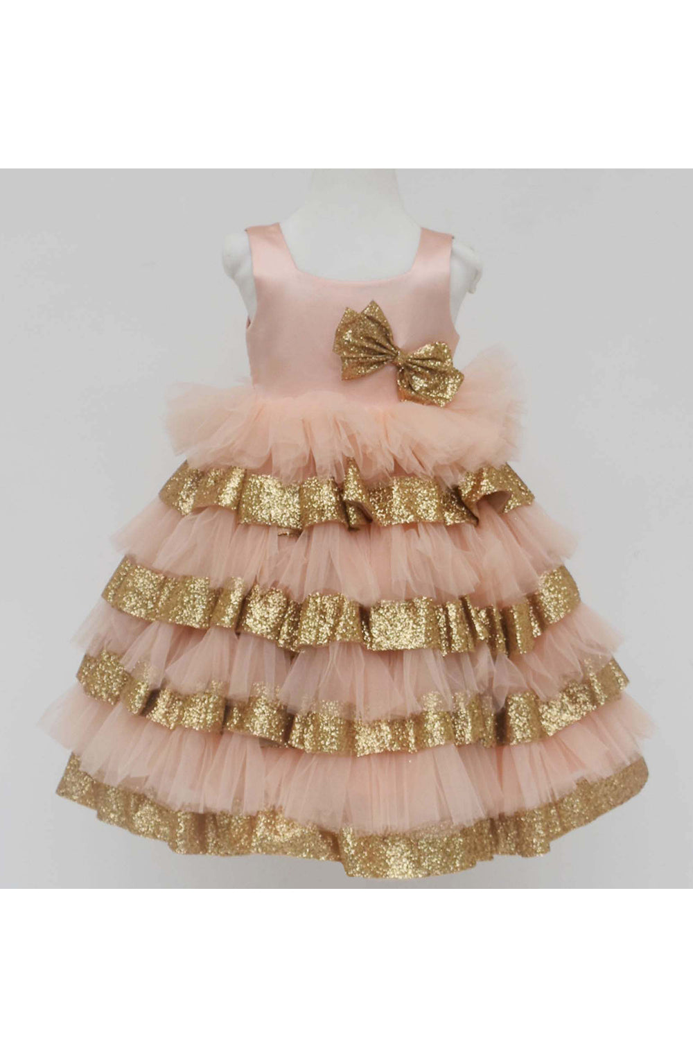 Golden sequin bow peach net dress