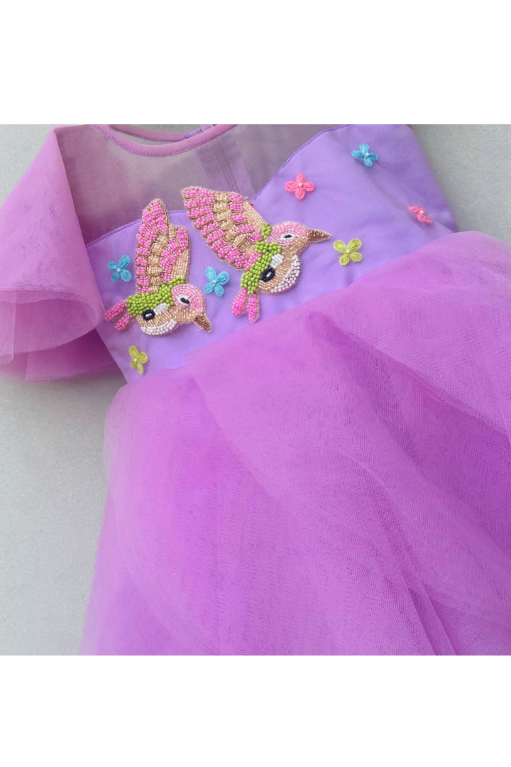 Lavender bird embroidered motif dress
