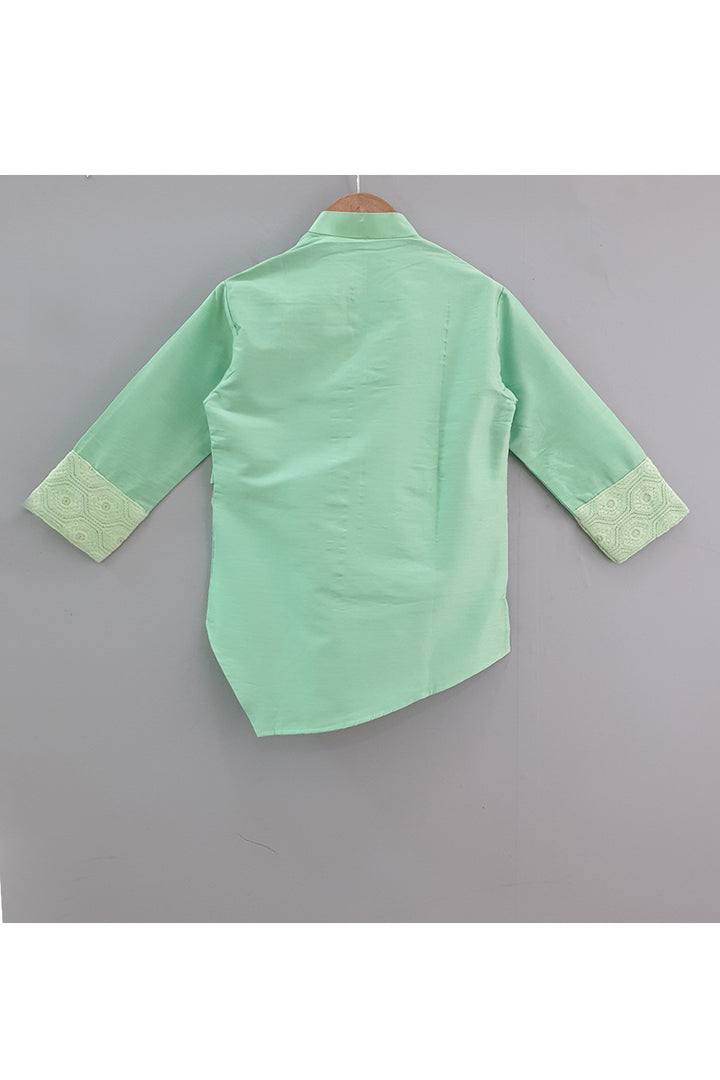 Green asymmetrical kurta with mock jacket and pants