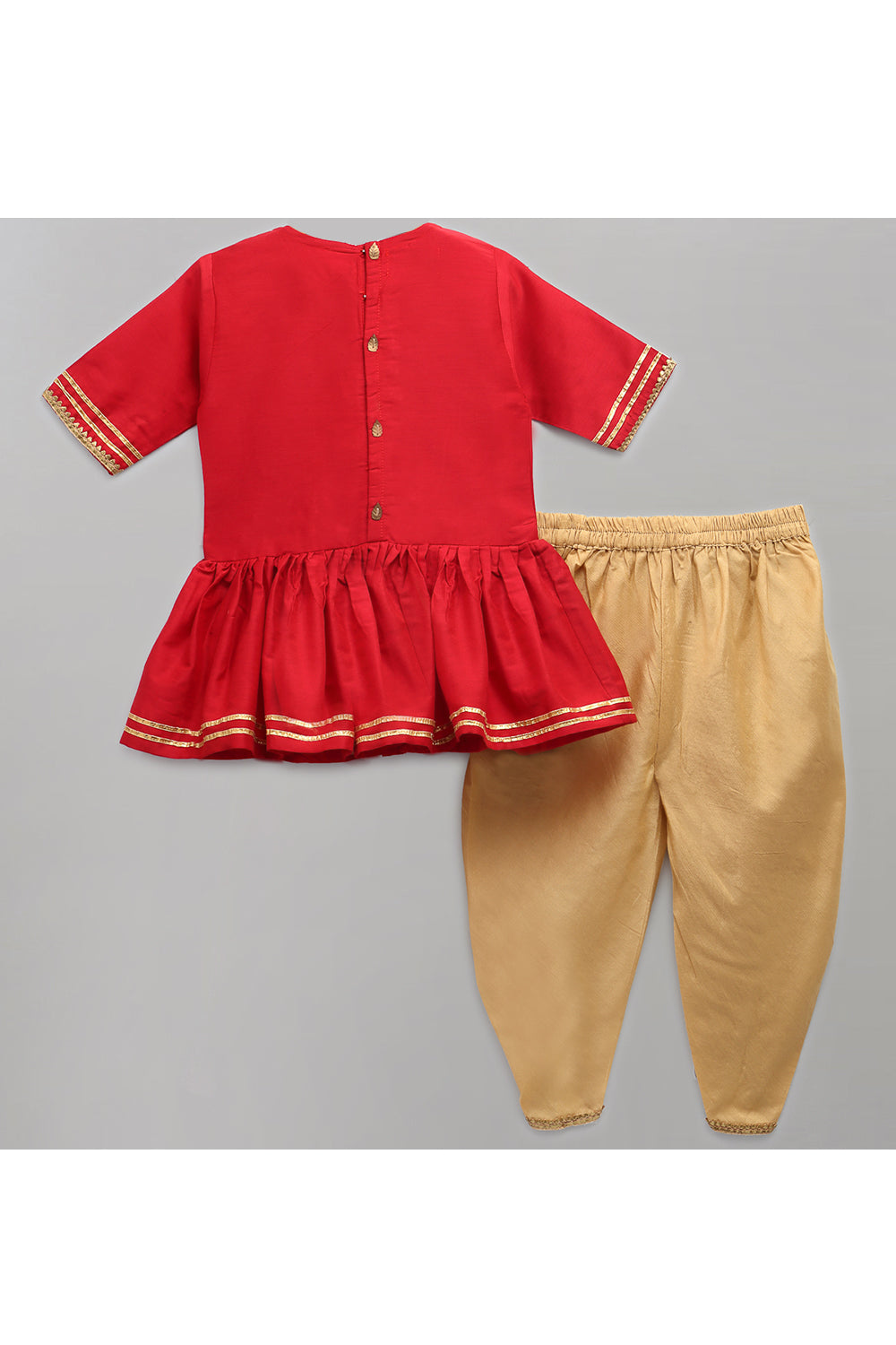 Red Embroidered Peplum Style Kurta With Beige Dhoti Set