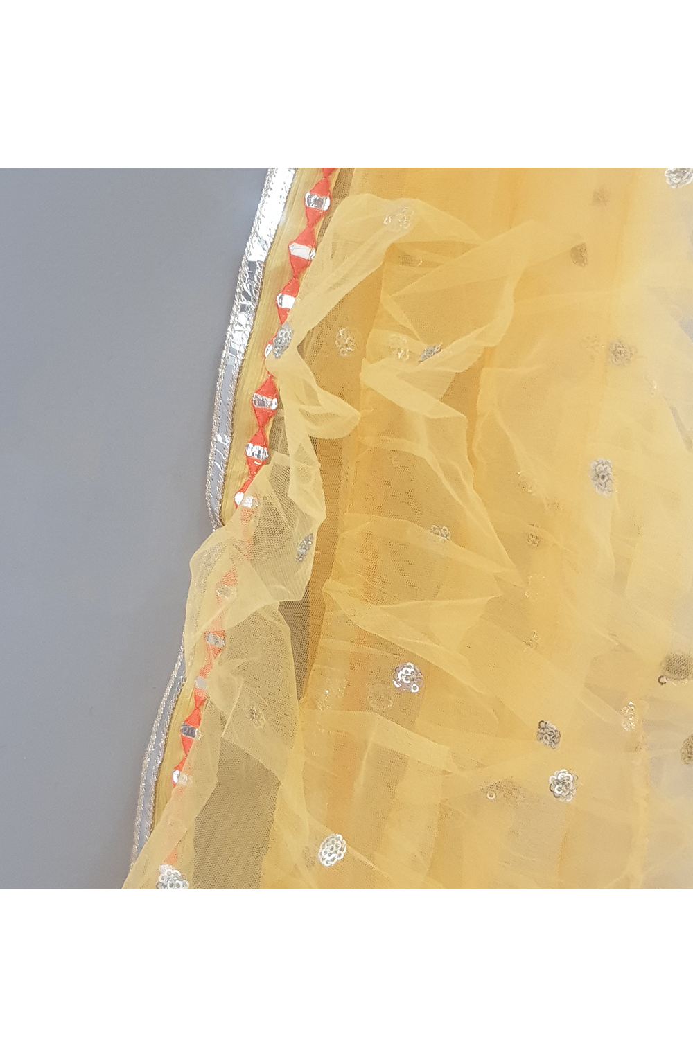 Mango yellow embroidered choli and lehenga with frilly dupatta
