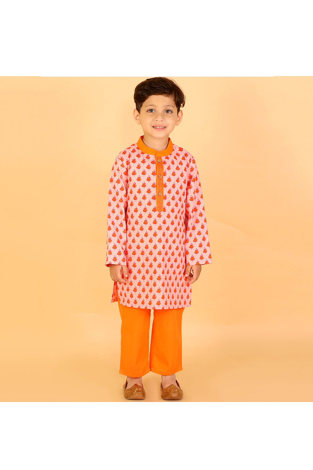 Orange Printed Cotton Kurta With Pyjama Set