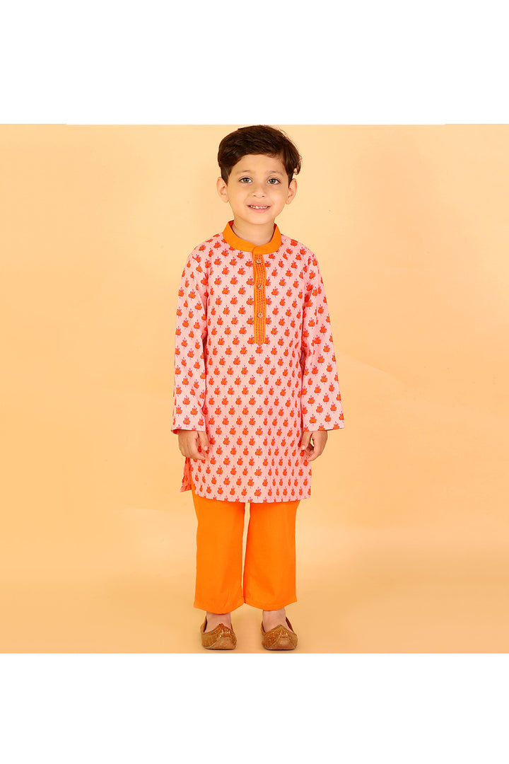 Orange Printed Cotton Kurta With Pyjama Set