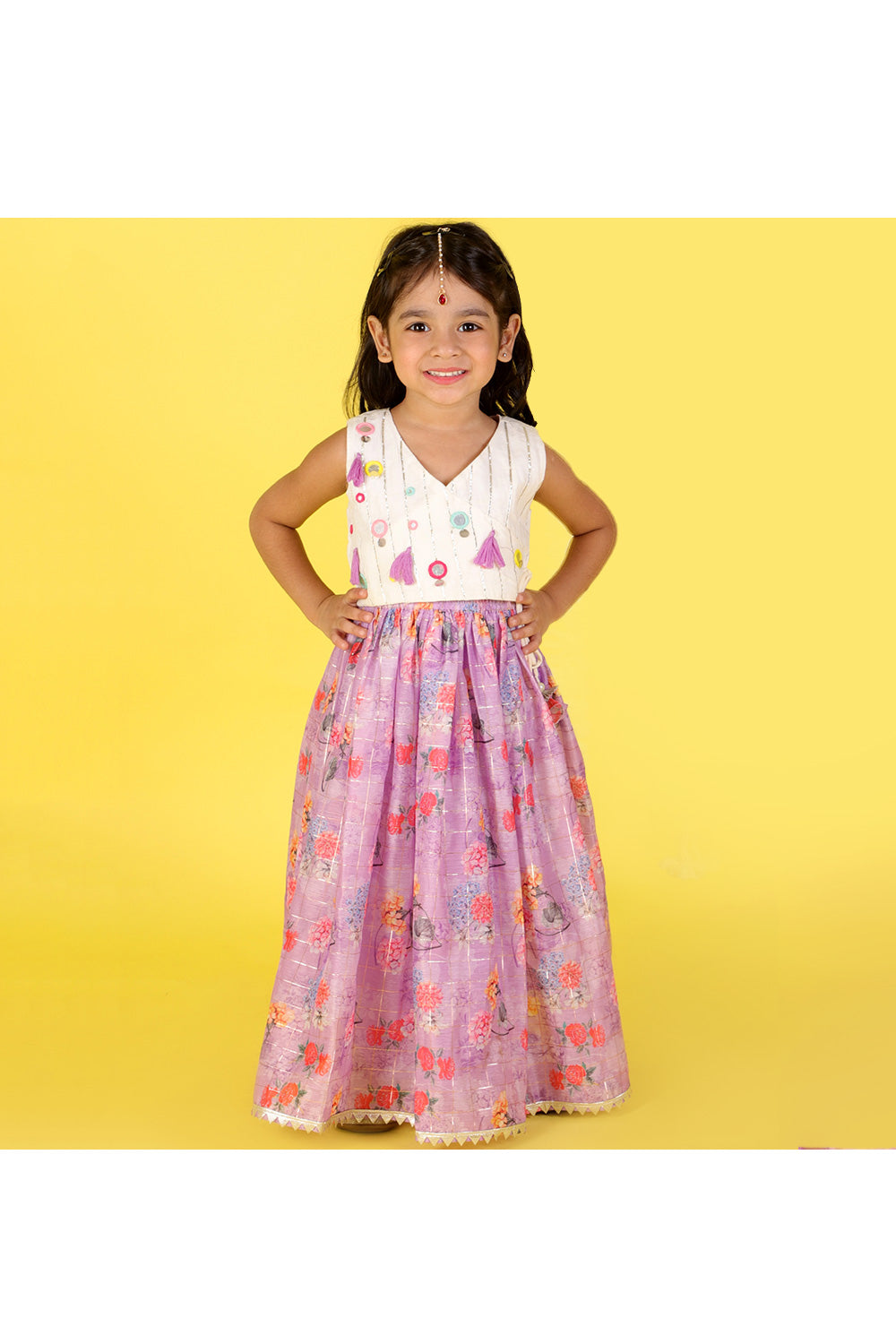 White Gota Detailing Top With Floral Printed Lehenga Set