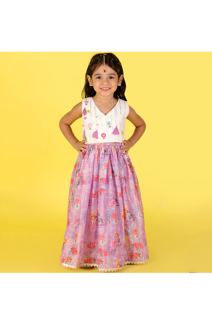 White Gota Detailing Top With Floral Printed Lehenga Set