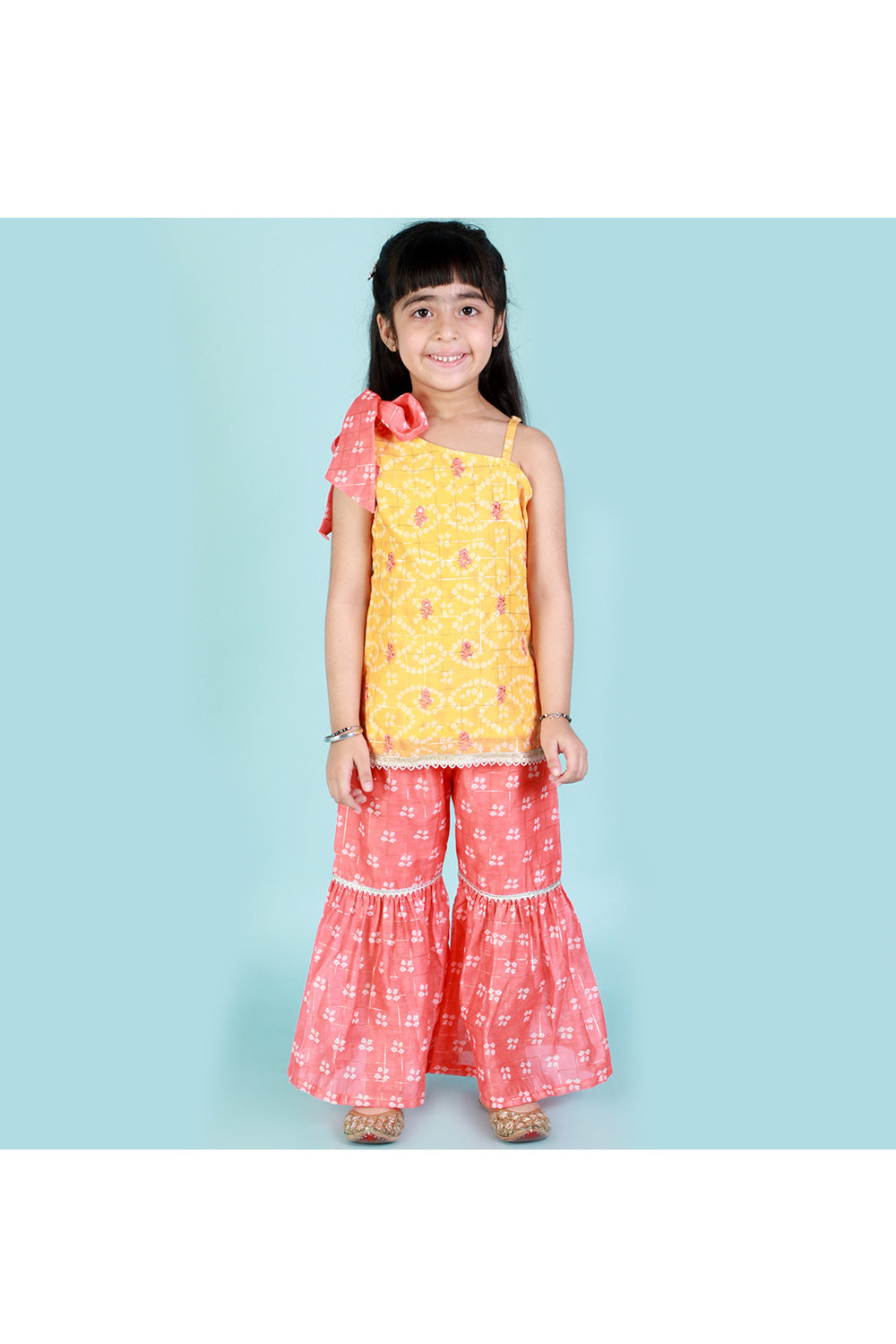 Yellow And Pink Printed Chanderi Kurta With Sharara Set