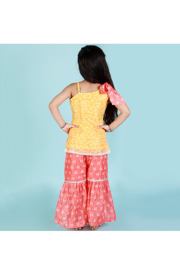 Yellow And Pink Printed Chanderi Kurta With Sharara Set