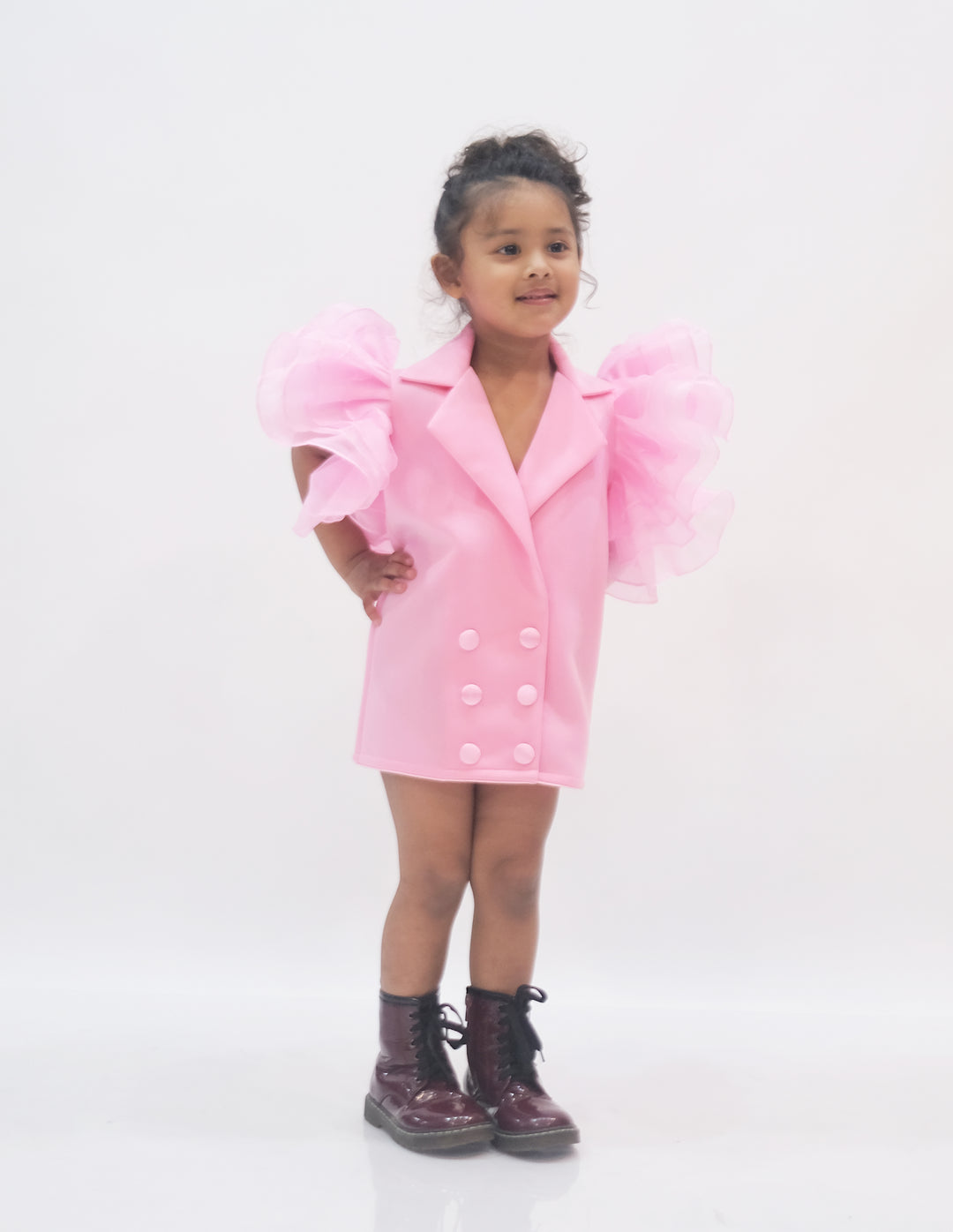 Baby pink coat dress with ruffle sleeves