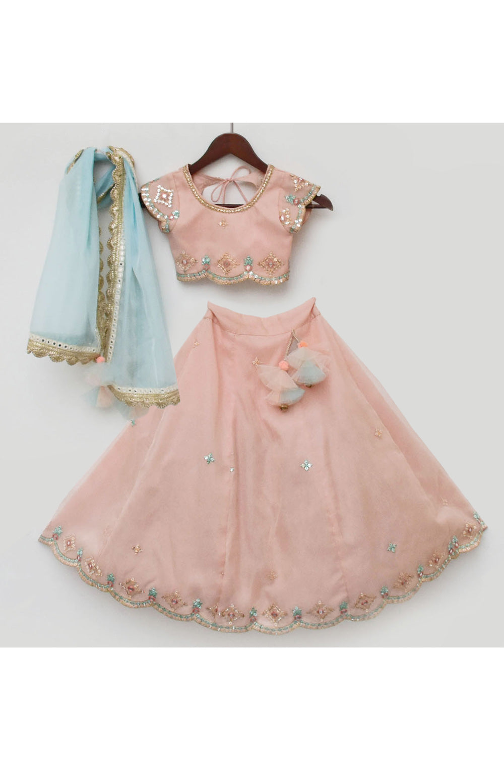 Peach Embroidered Organza Top With Lehenga Set