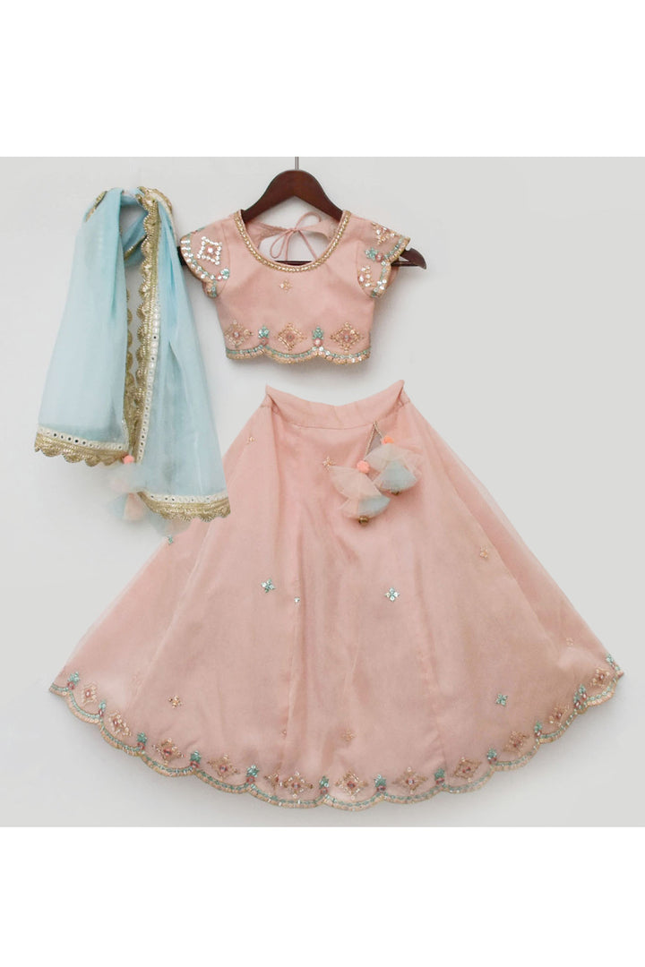 Peach Embroidered Organza Top With Lehenga Set