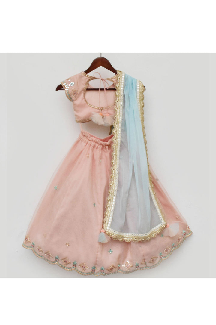 Peach Embroidered Organza Top With Lehenga Set