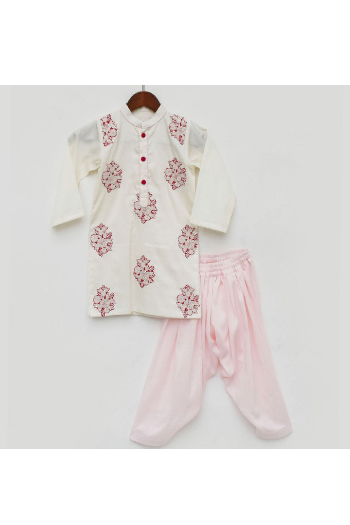 Off White Embroidered Motif Cotton Silk Kurta With Salwar Set