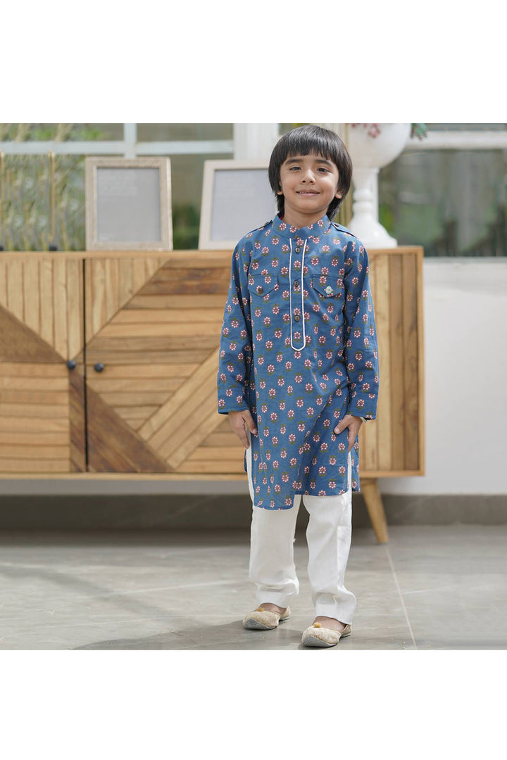 Dark Blue Flower Printed Cotton Kurta With Pant Set