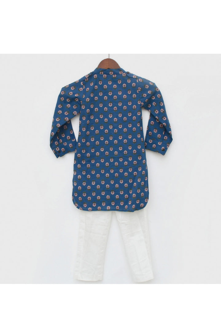 Dark Blue Flower Printed Cotton Kurta With Pant Set
