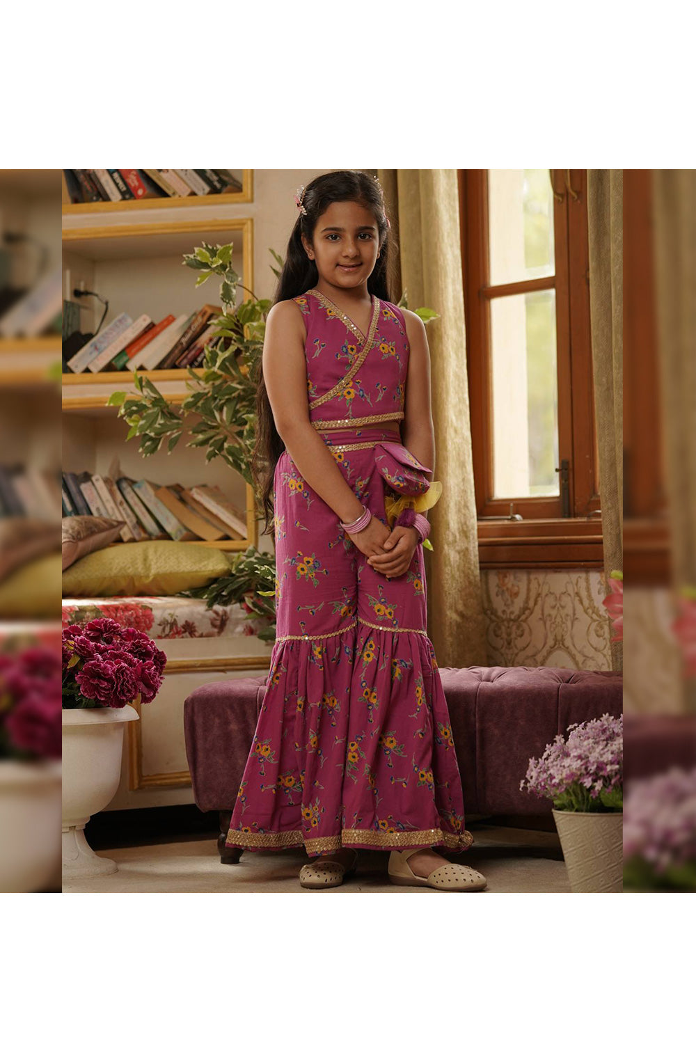 Purple Printed Halter Neck Cotton Top With Sharara Set