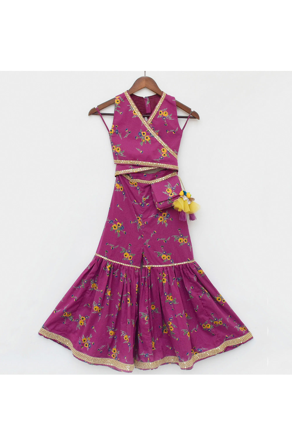 Purple Printed Halter Neck Cotton Top With Sharara Set