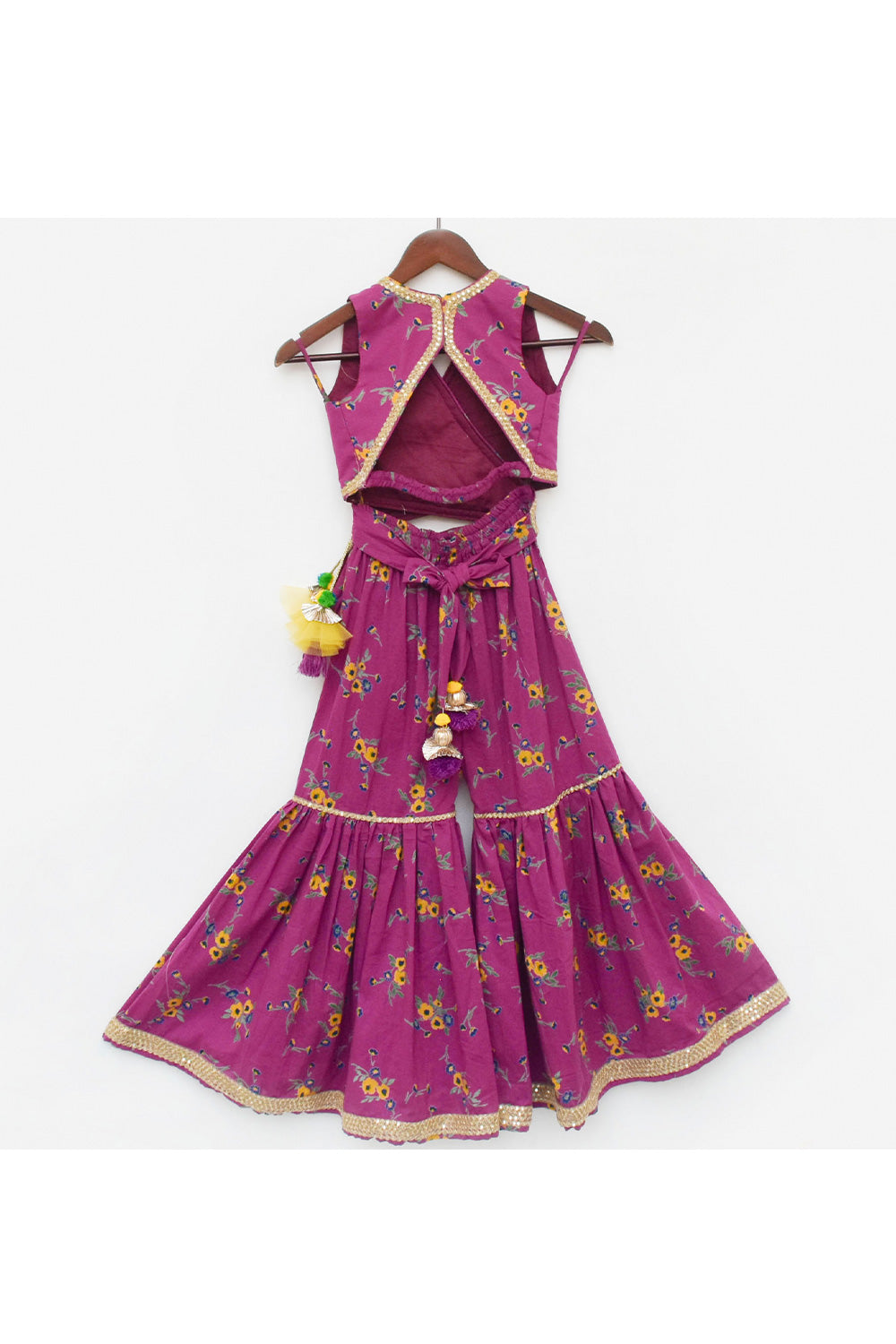 Purple Printed Halter Neck Cotton Top With Sharara Set
