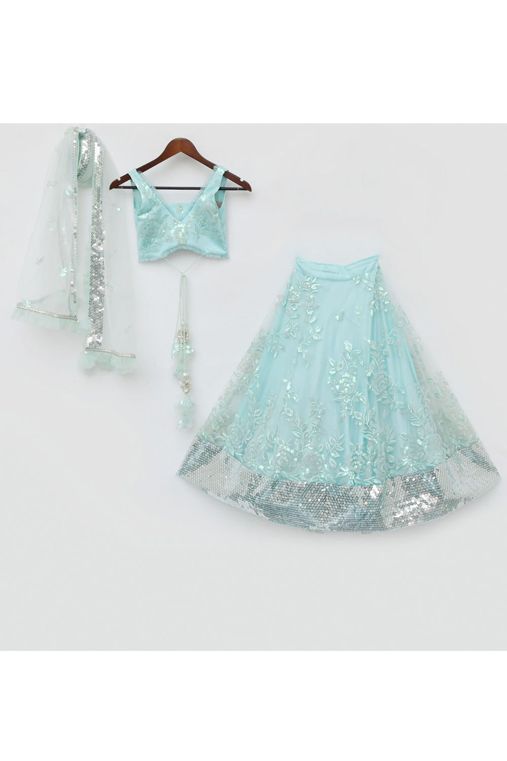 Pastel Blue Floral Sequins Embroidered Top With Lehenga Set