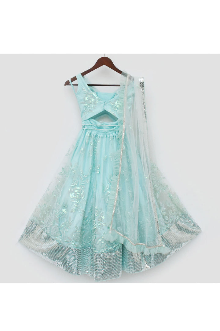 Pastel Blue Floral Sequins Embroidered Top With Lehenga Set