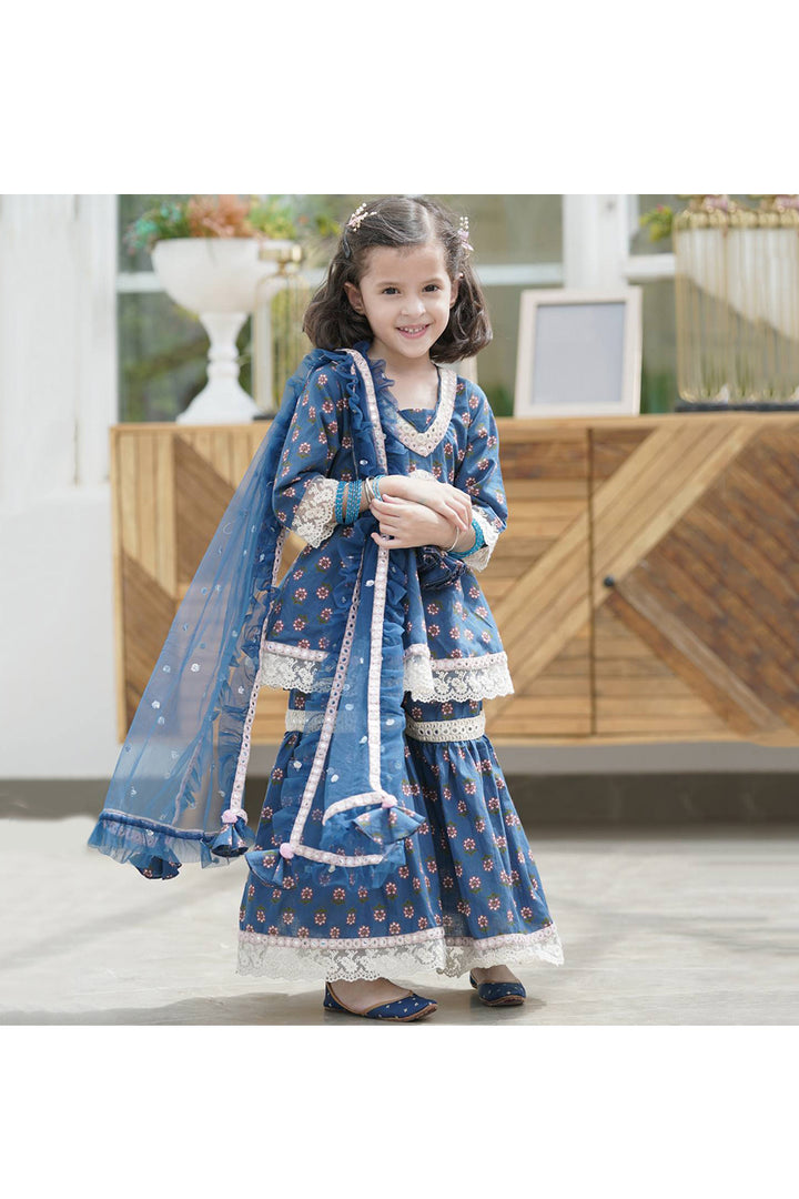 Dark Blue Printed Cotton Kurta With Sharara Set
