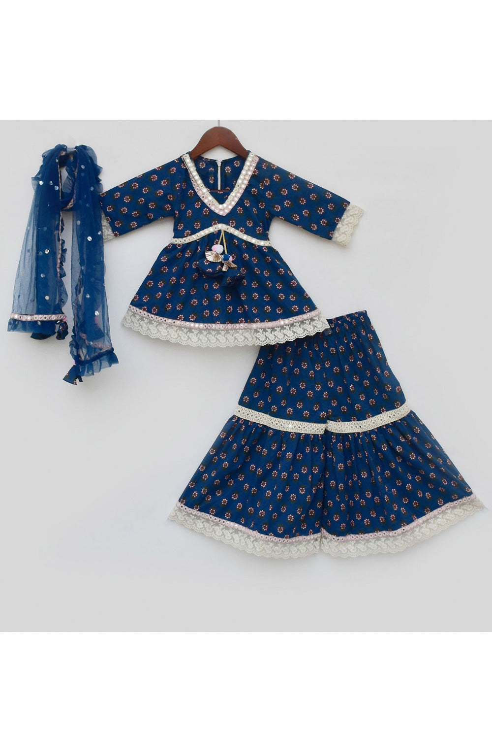 Blue Printed Cotton Kurta With Sharara Set 