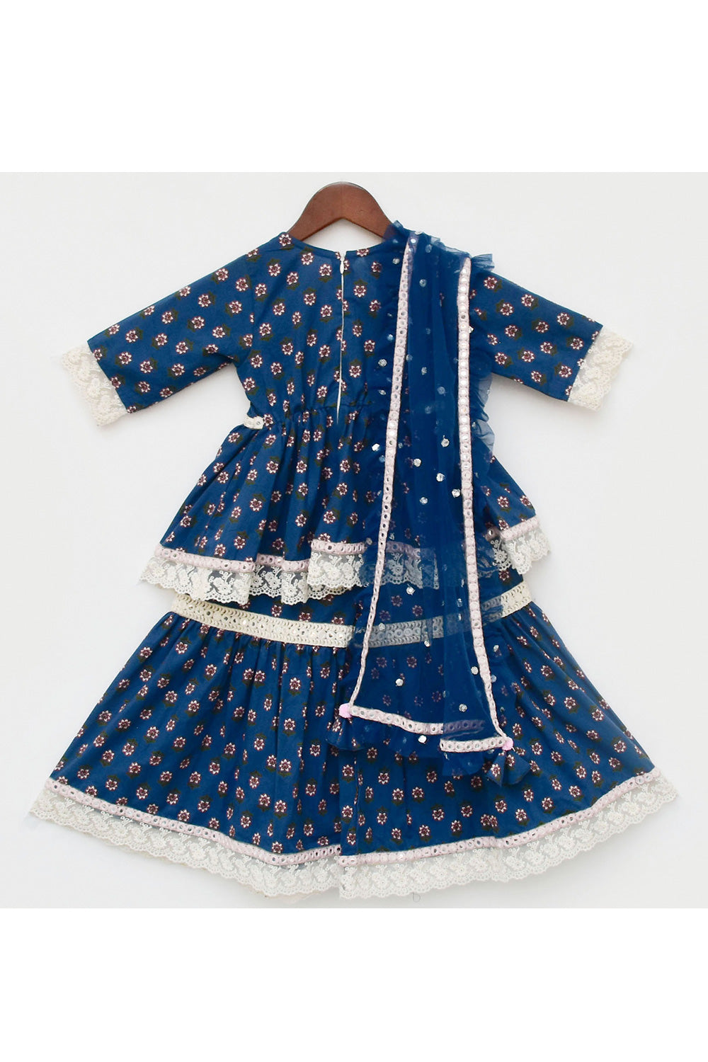 Dark Blue Printed Cotton Kurta With Sharara Set