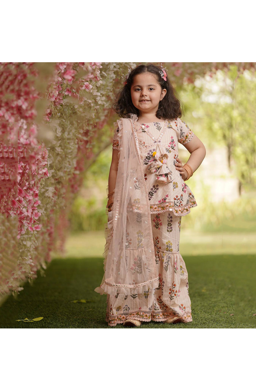 Peach Flower Printed Cotton Kurta With Sharara Set