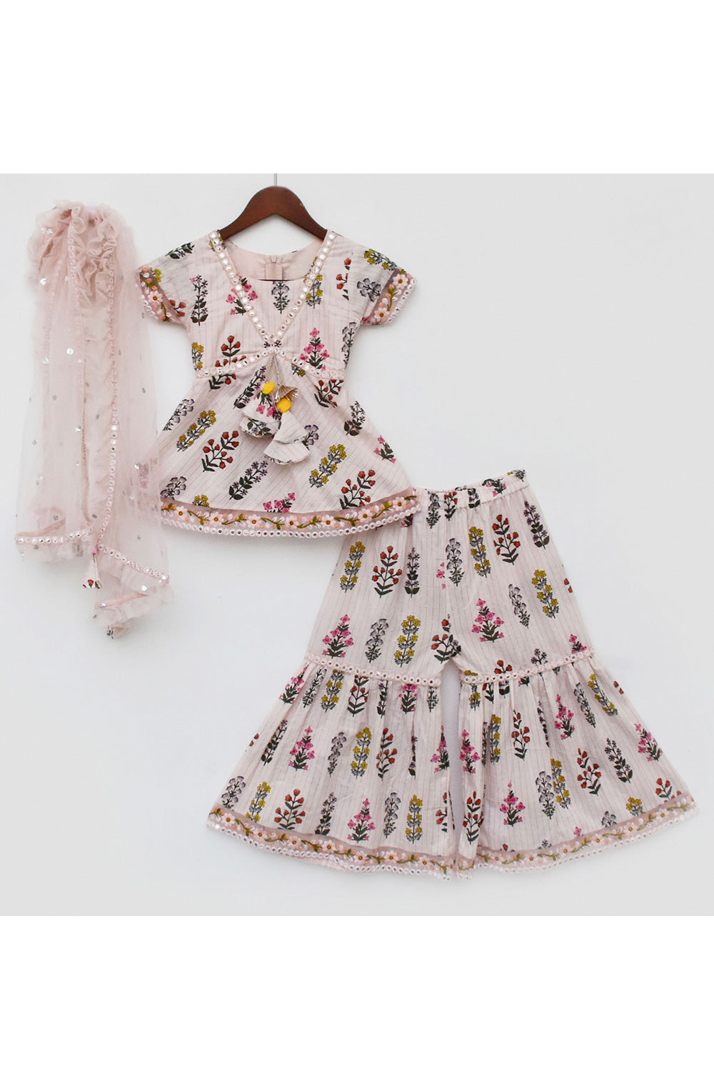 Peach Flower Printed Cotton Kurta With Sharara Set